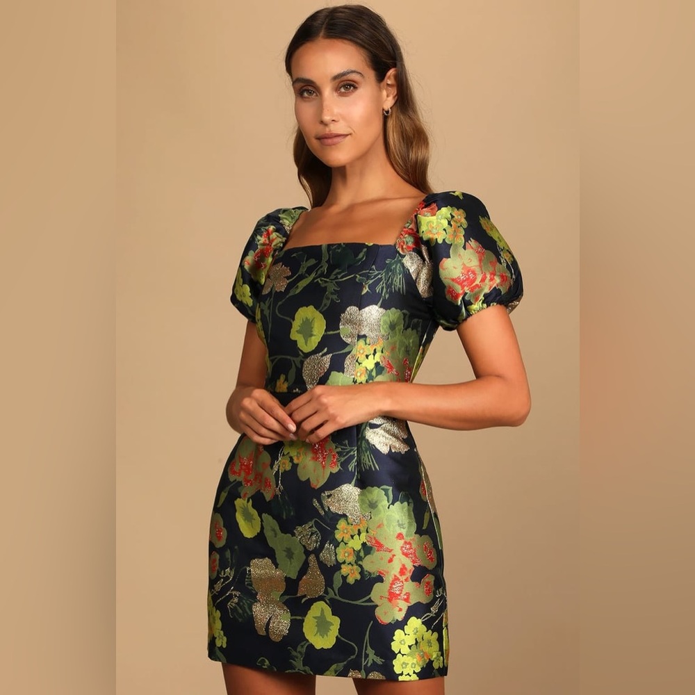 Lulus So Stunning Floral Jacquard Puff Sleeve Mini Dress